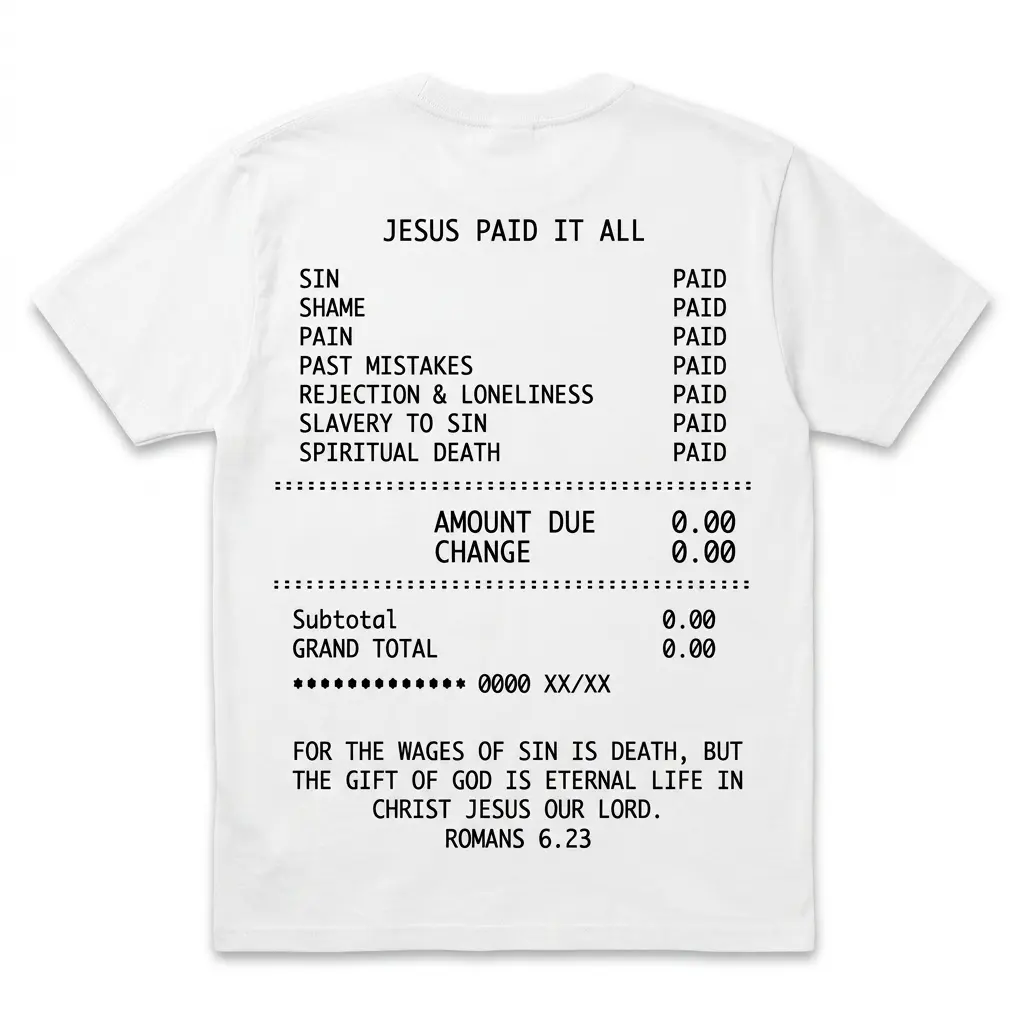 Christian t-shirt featuring 'Jesus Paid It All' design resembling a receipt.