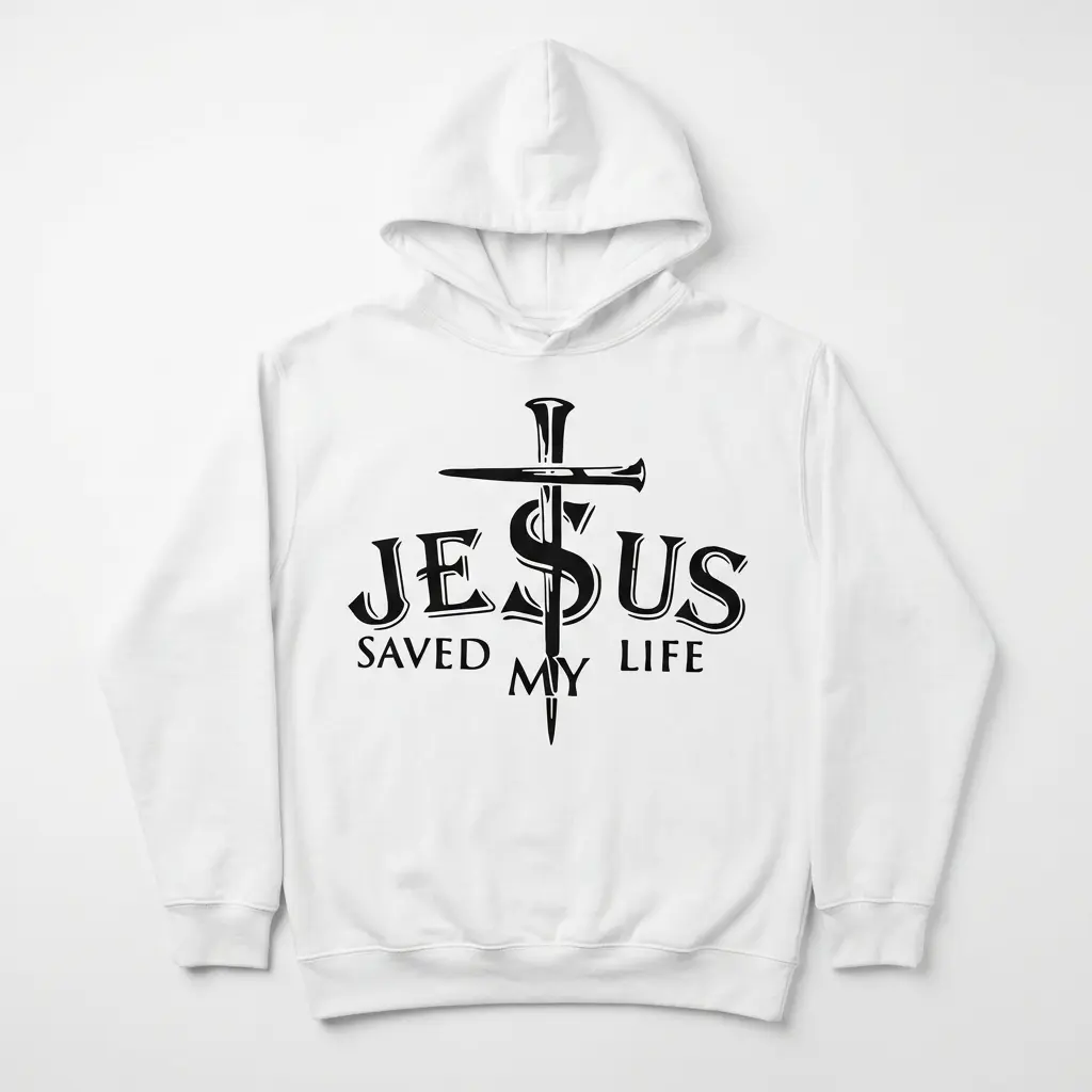 Front view of T-shirt featuring 'Jesus Saved My Life' text.