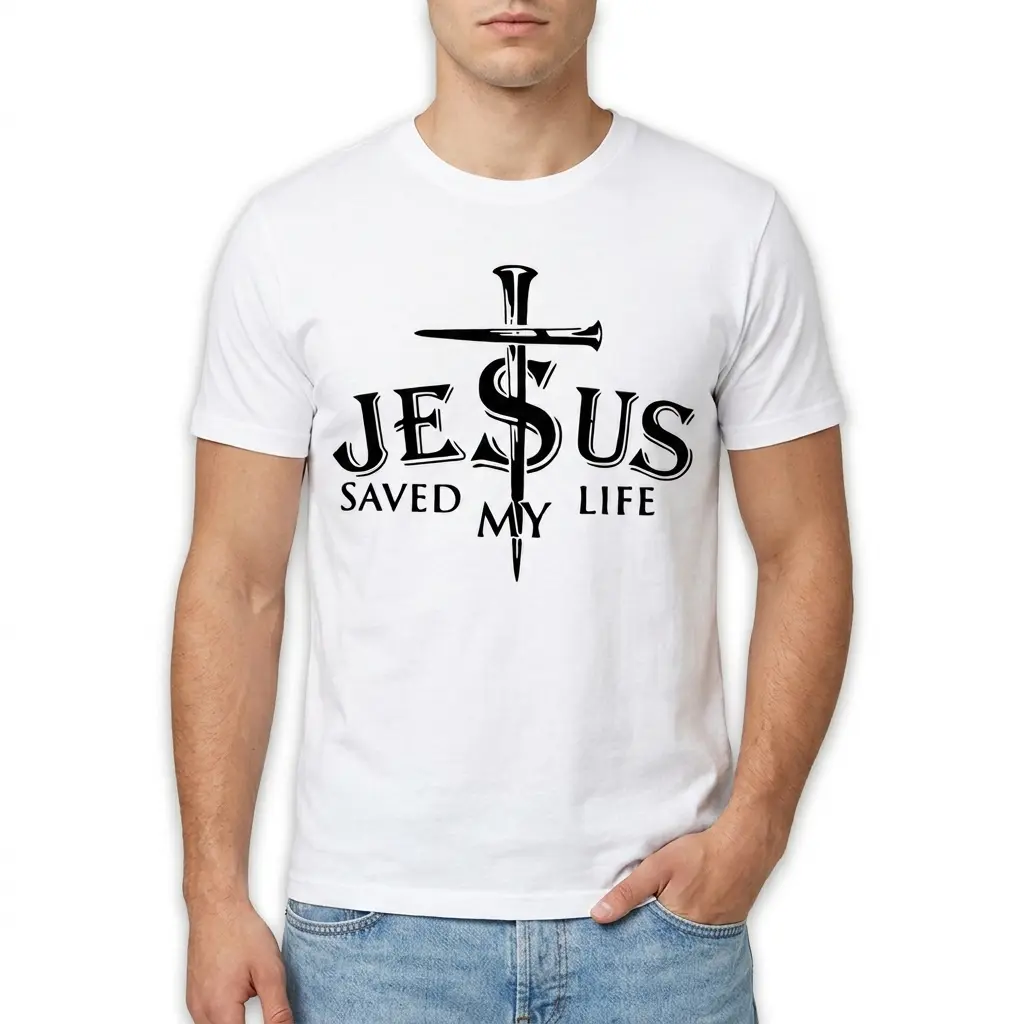 Christian T-shirt displaying 'Jesus Saved My Life' message.