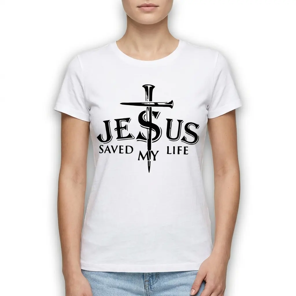Faith-themed shirt with 'Jesus Saved My Life' phrase.