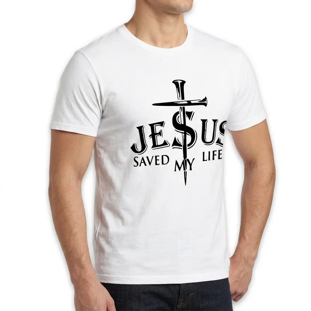 T-shirt showcasing bold 'Jesus Saved My Life' graphic.