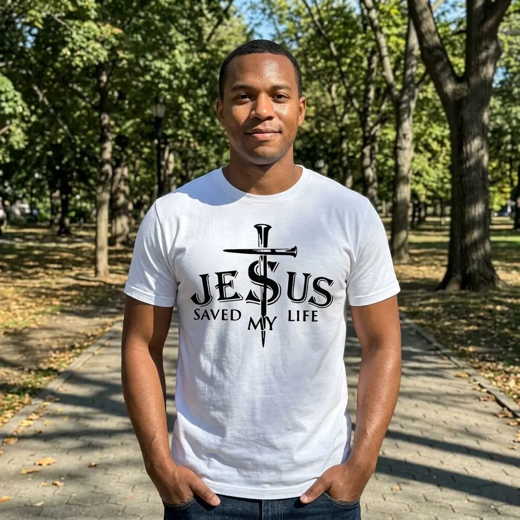 Person wearing 'Jesus Saved My Life' T-shirt in a casual setting.