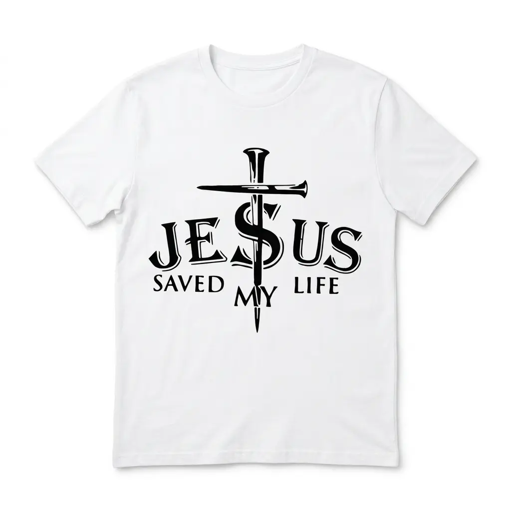 White T-shirt with 'Jesus Saved My Life' design in black.