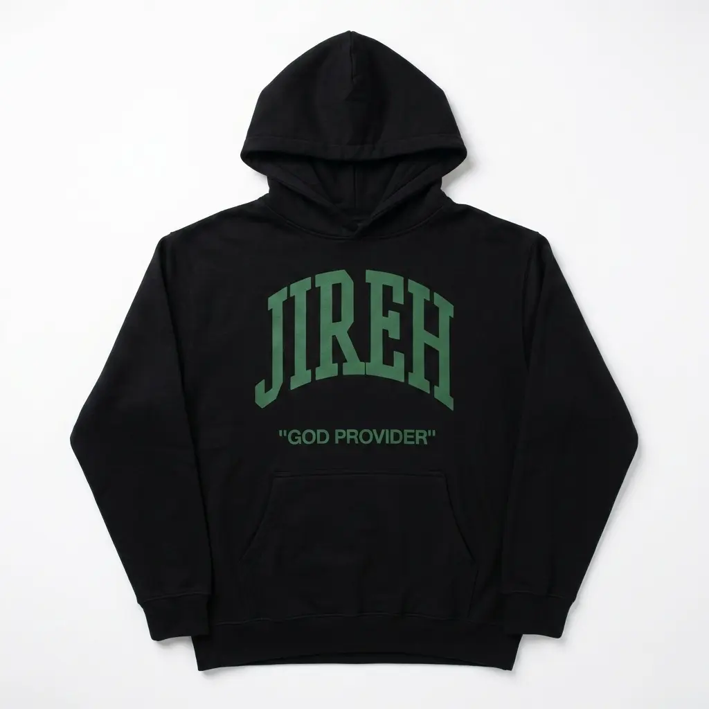 Front view of Jireh shirt showing green text design.