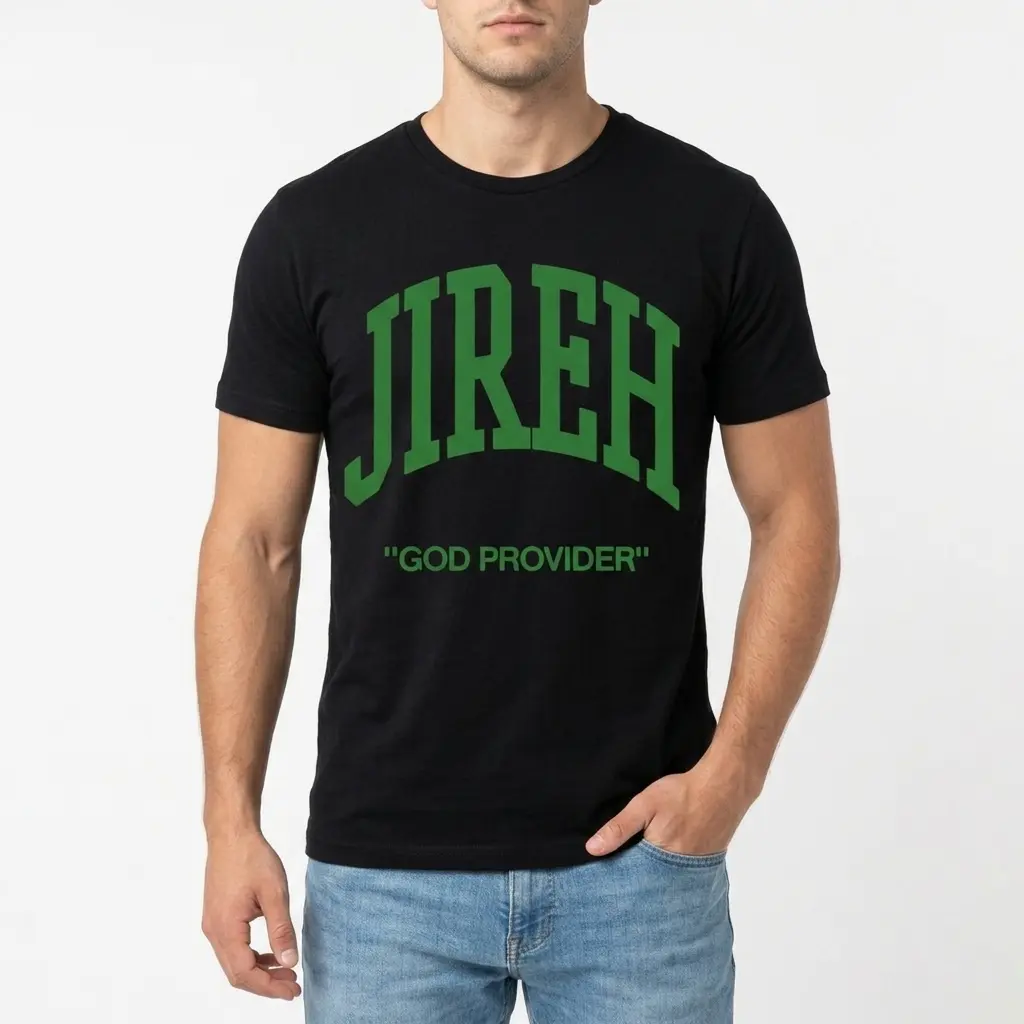 Close-up of 'Jireh God Provider' design on t-shirt.