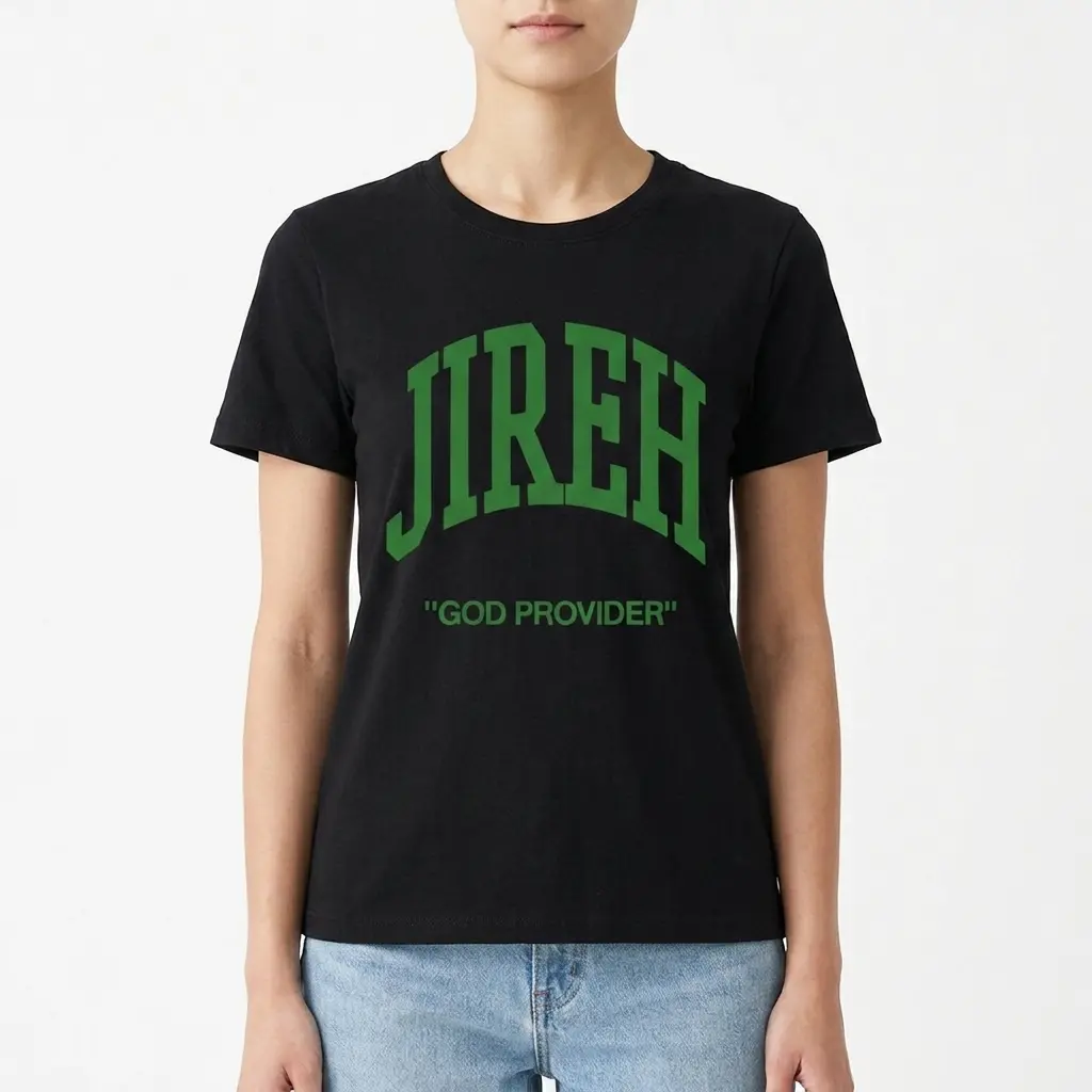 Detailed view of green 'Jireh' text on black shirt.