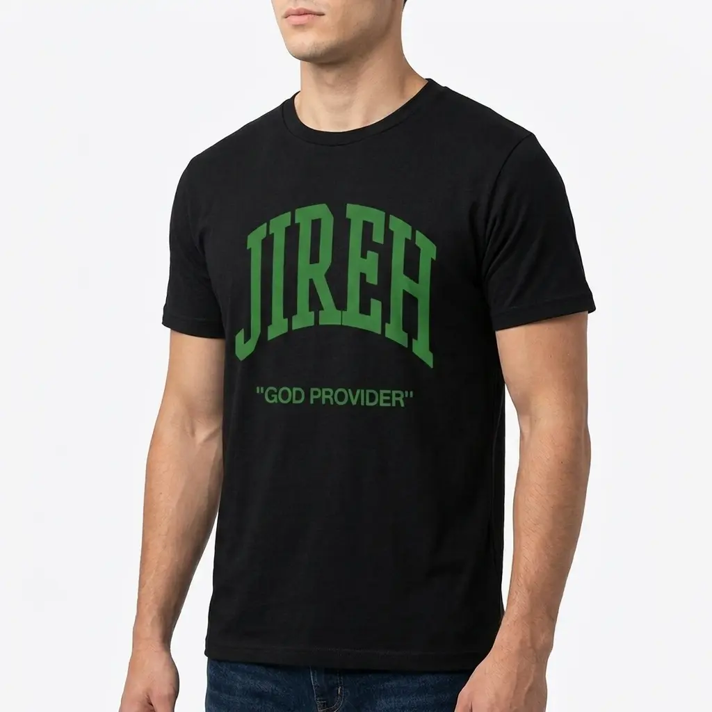 Black Jireh t-shirt laid flat with green lettering.