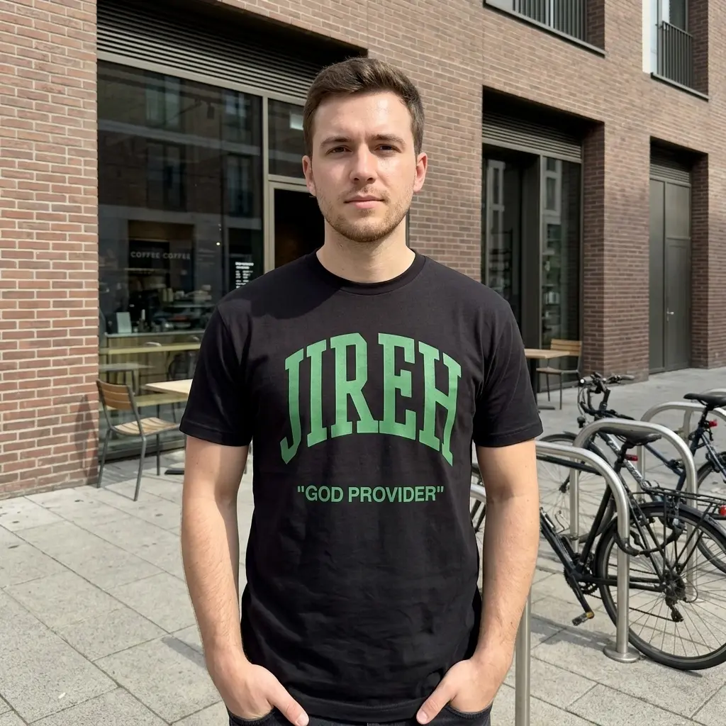 Person wearing a Jireh shirt with green text design.