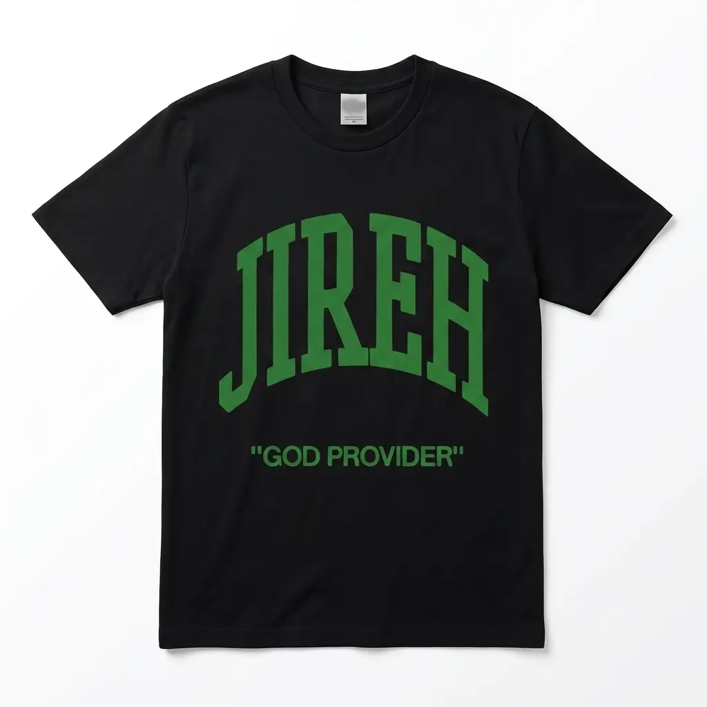 Black t-shirt with 'Jireh God Provider' in green text.