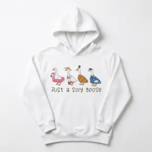 Just a Silly Goose Graphic T-Shirt 7 Front view of a humorous t-shirt adorned with colorful geese illustrations and slogan 'Just a Silly Goose'.