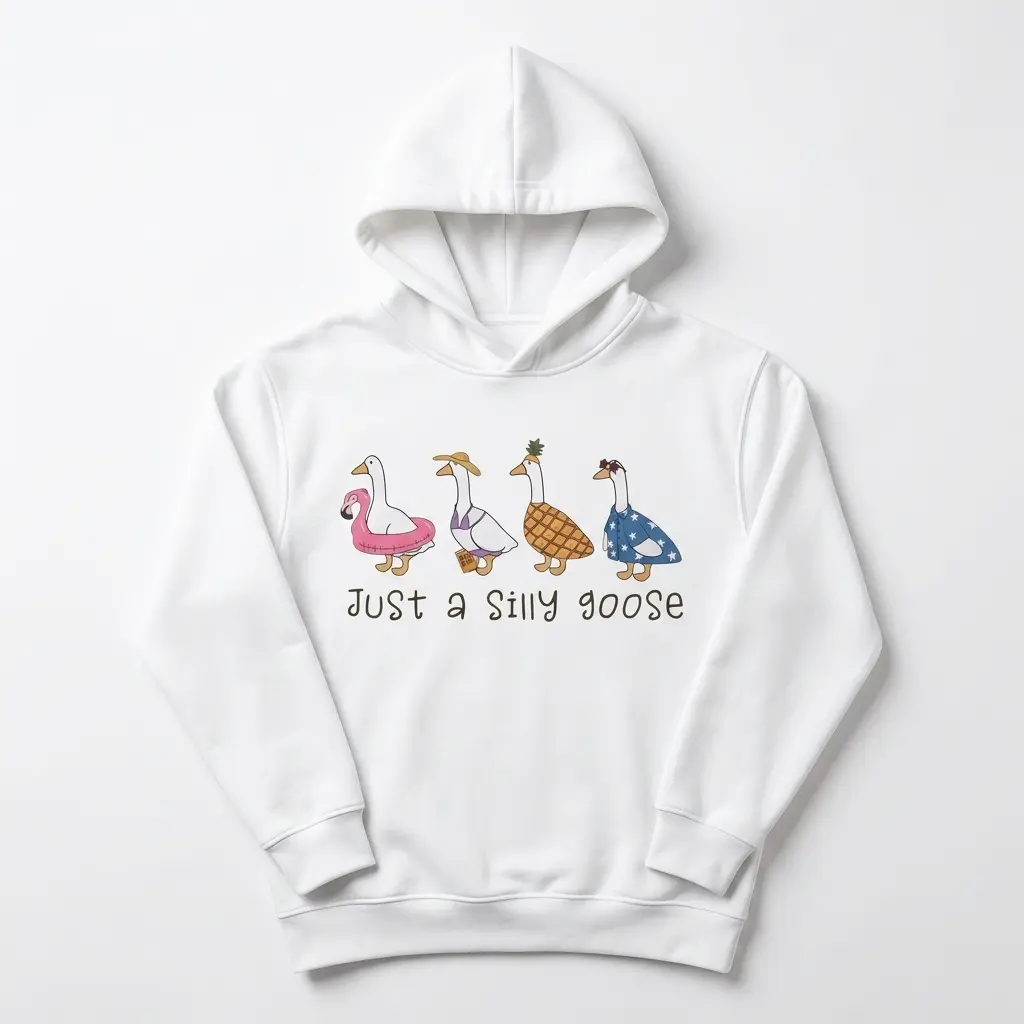 Front view of a humorous t-shirt adorned with colorful geese illustrations and slogan 'Just a Silly Goose'.