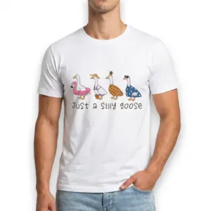 Just a Silly Goose Graphic T-Shirt 8 White t-shirt displaying five playful geese in quirky outfits, with 'Just a Silly Goose' printed below.