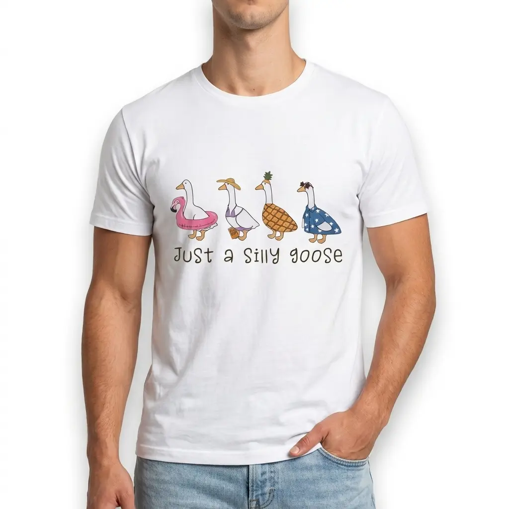 White t-shirt displaying five playful geese in quirky outfits, with 'Just a Silly Goose' printed below.