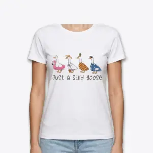 Just a Silly Goose Graphic T-Shirt 9 Casual graphic tee showing a lineup of amusing geese and the phrase 'Just a Silly Goose'.
