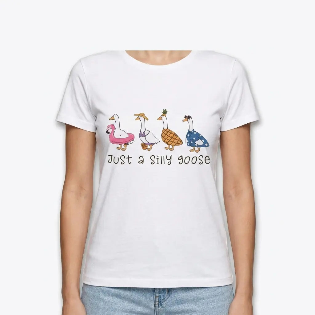 Casual graphic tee showing a lineup of amusing geese and the phrase 'Just a Silly Goose'.