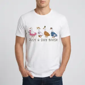 Just a Silly Goose Graphic T-Shirt 10 T-shirt design featuring cartoon geese in silly attire alongside the text 'Just a Silly Goose'.