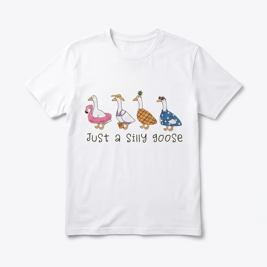 Graphic t-shirt featuring five whimsical geese in various costumes and the text 'Just a Silly Goose'.