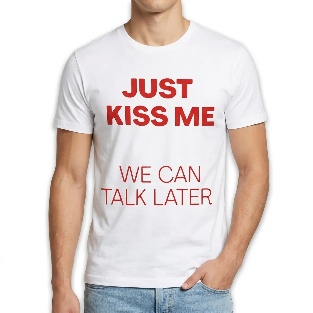 Front view of humor T-shirt with red lettering 'Just Kiss Me We Can Talk Later'.