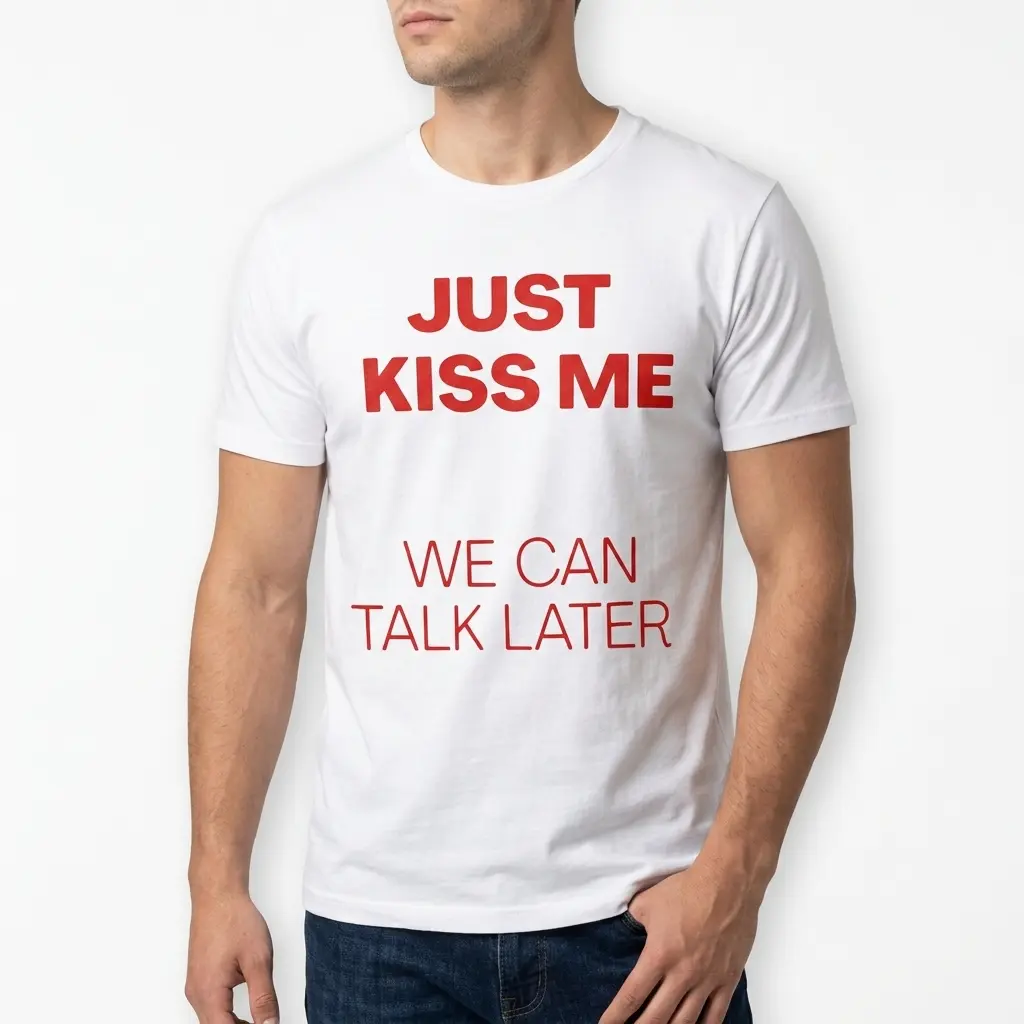 Humor shirt with text 'Just Kiss Me We Can Talk Later' in contrasting red letters.
