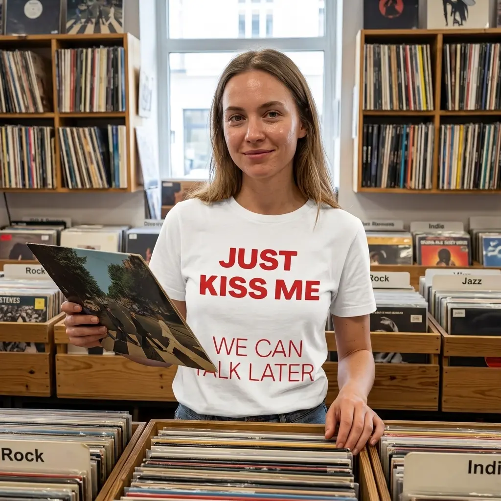 Person wearing a T-shirt with the phrase 'Just Kiss Me We Can Talk Later' in bold red.