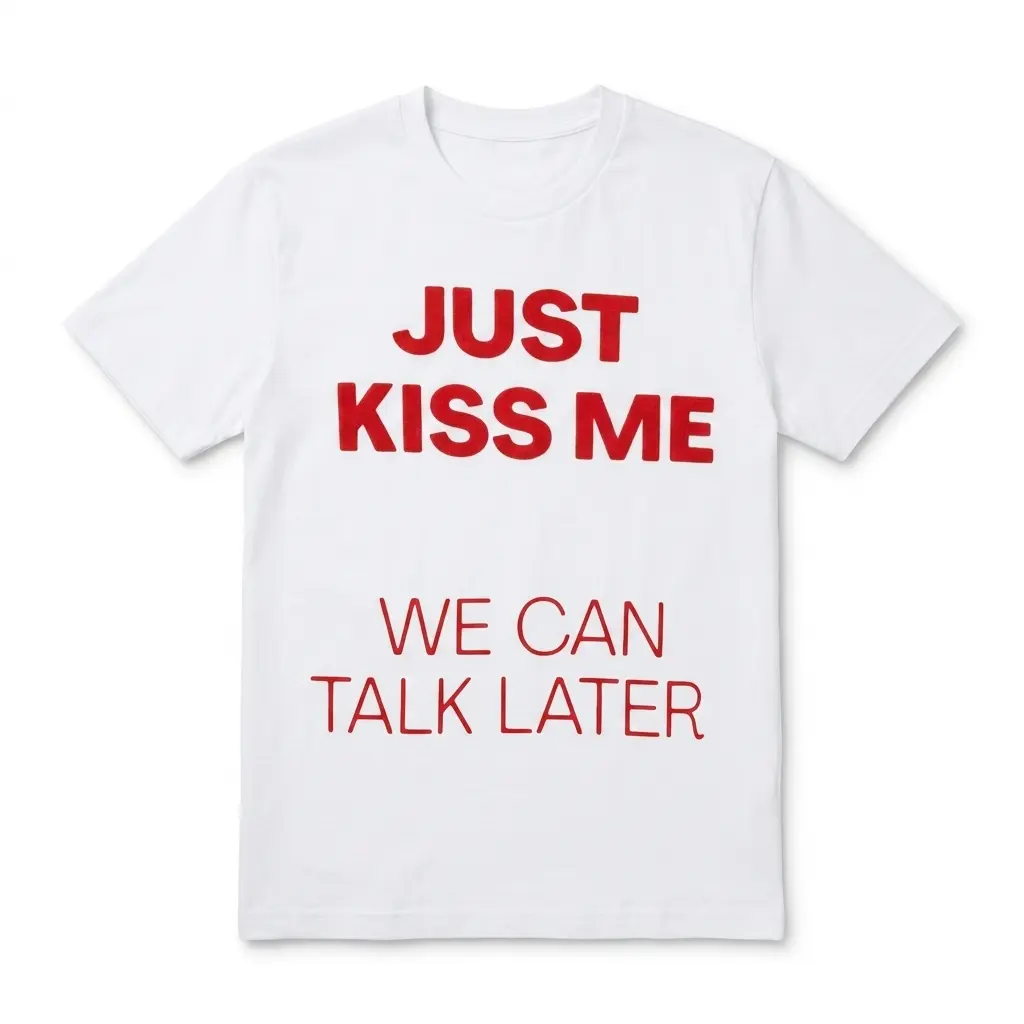 White T-shirt with red text 'Just Kiss Me We Can Talk Later' in bold font.