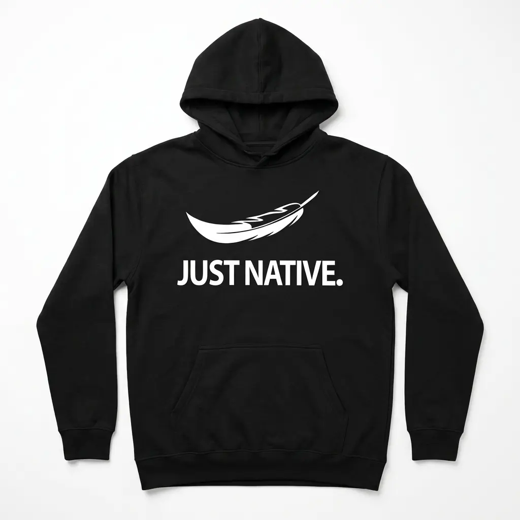 Front view of the black Native feather shirt with bold white graphics.