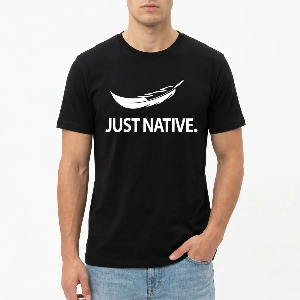 Close-up of the shirt design showcasing the feather and text 'JUST NATIVE.