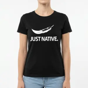 Just Native Feather Graphic T-Shirt 9 Flat lay of the black t-shirt displaying its logo and feather design prominently.