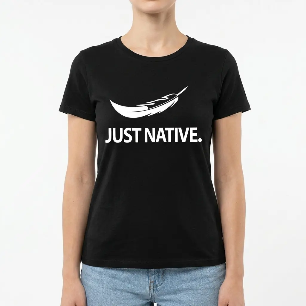 Flat lay of the black t-shirt displaying its logo and feather design prominently.