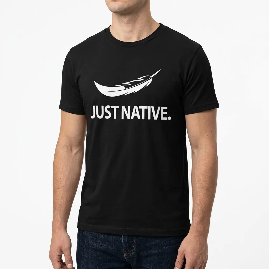 Black cultural shirt featuring a white feather and 'JUST NATIVE.' text on the front.