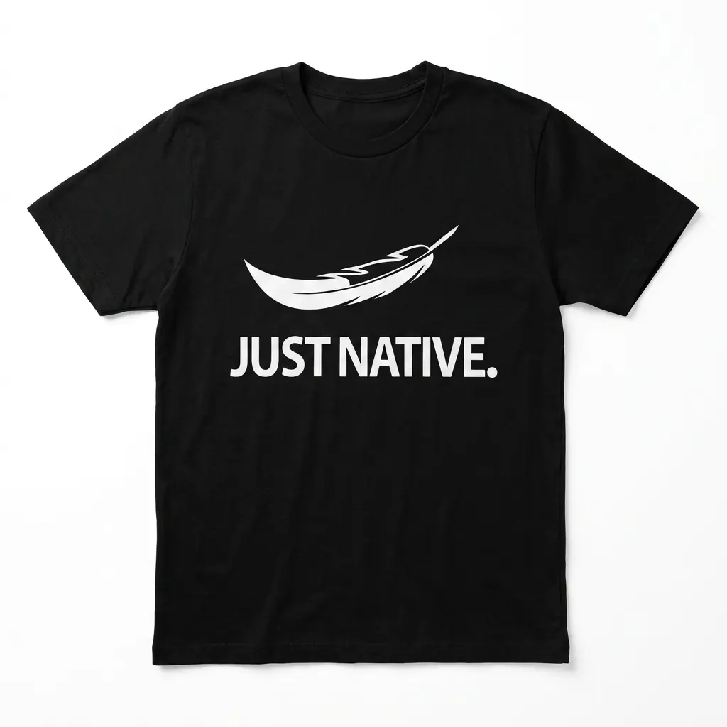 Black t-shirt featuring a white feather design above the text 'JUST NATIVE.