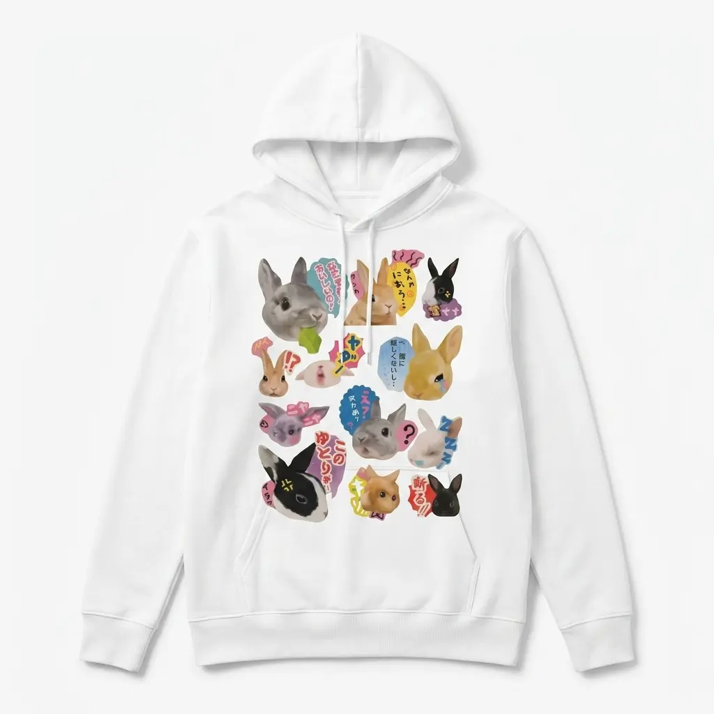 Close-up of kawaii bunny design and colorful Japanese text on shirt.
