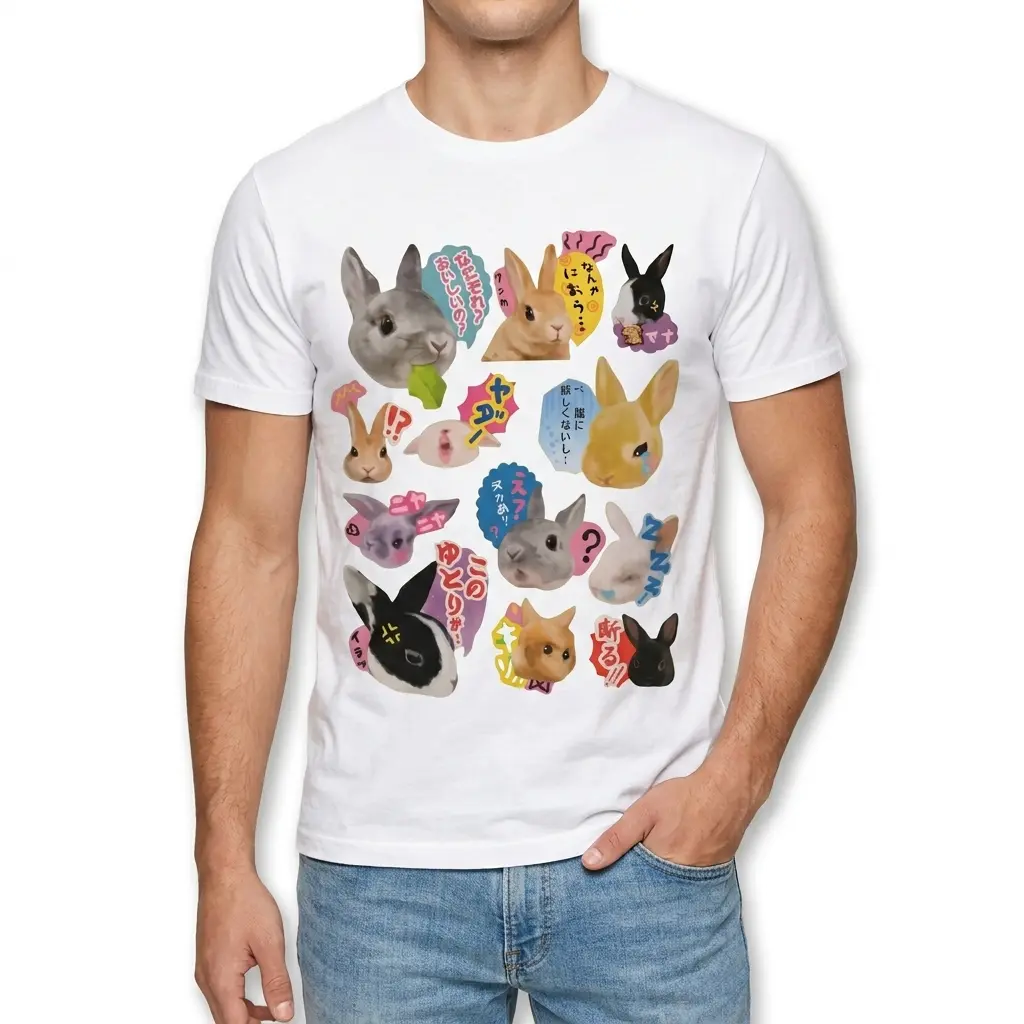Front view of kawaii bunny shirt with vibrant cartoon graphics.