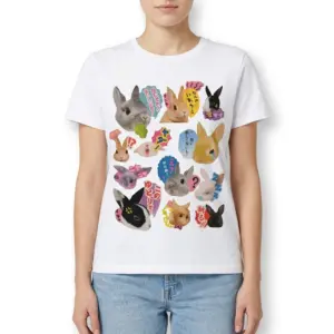 Kawaii Japanese Bunny Sticker T-Shirt 9 Detailed view of Japanese bunny cartoon design on white tee.