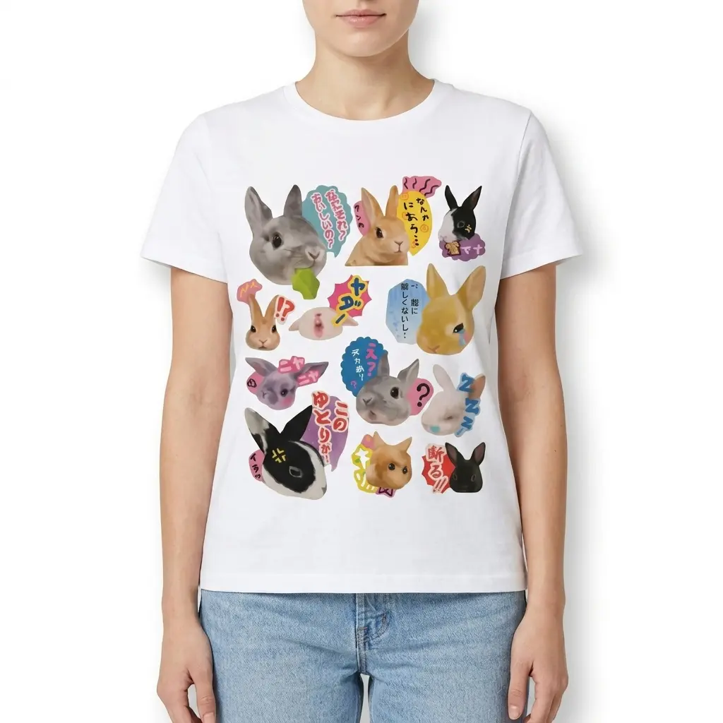 Detailed view of Japanese bunny cartoon design on white tee.