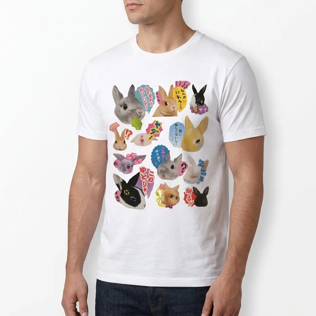 Full view of white t-shirt with playful kawaii bunny illustrations.
