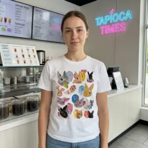 Kawaii Japanese Bunny Sticker T-Shirt 11 Person wearing a kawaii bunny shirt with cartoon graphics.