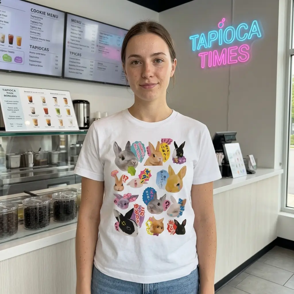 Person wearing a kawaii bunny shirt with cartoon graphics.