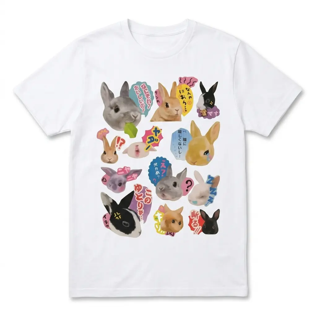 White shirt with kawaii bunny design and Japanese text.