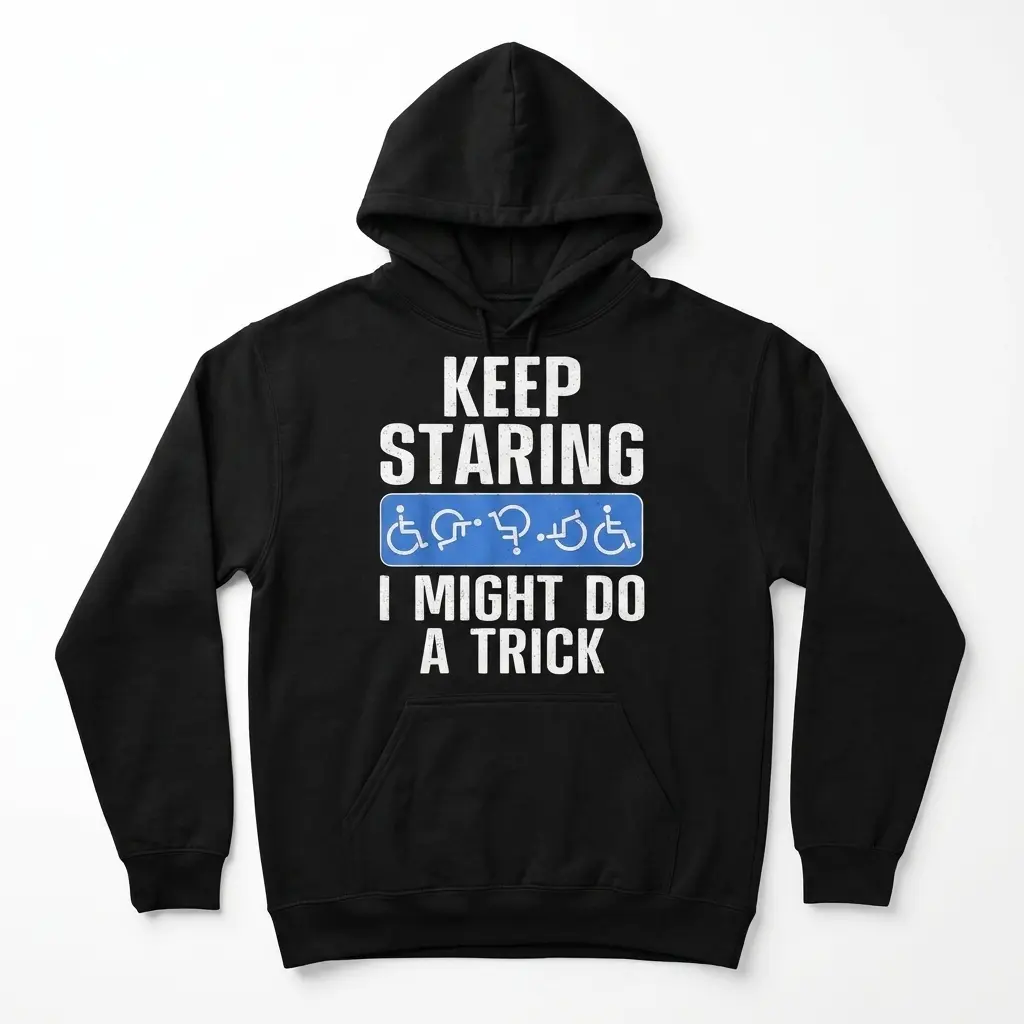 Black T-shirt featuring humorous wheelchair design and text.