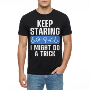Keep Staring Wheelchair Graphic T-Shirt 8 Front view of black tee with wheelchair and text print.