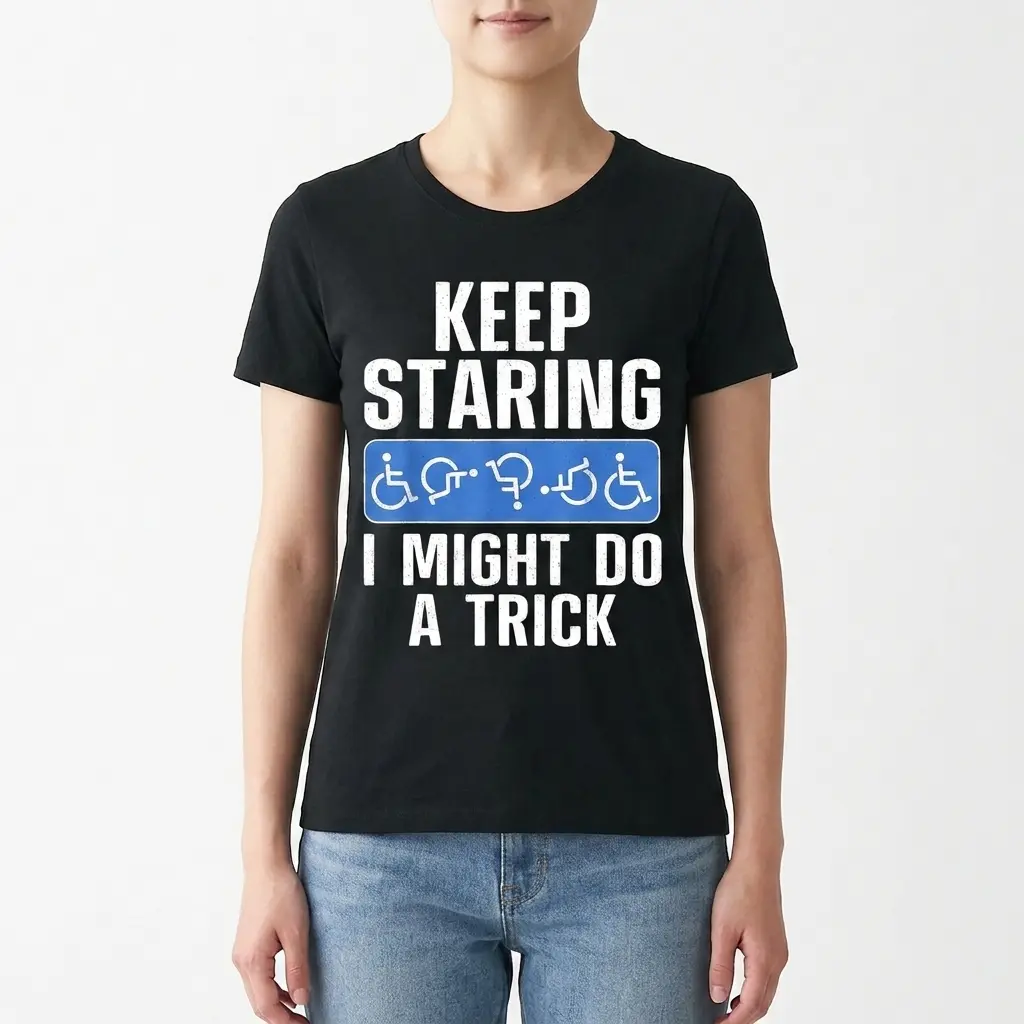 Detailed view of graphic T-shirt with wheelchair theme.