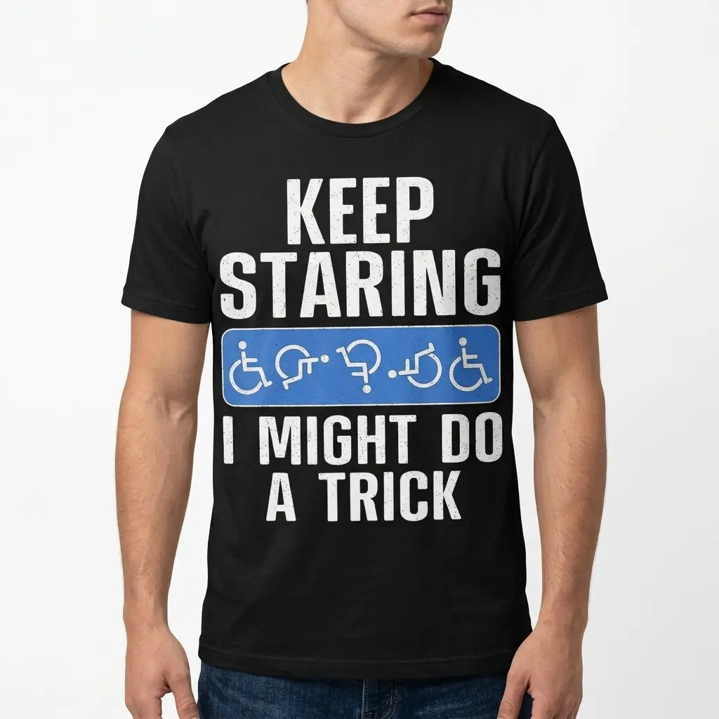 Close-up of text and design on black humorous T-shirt.