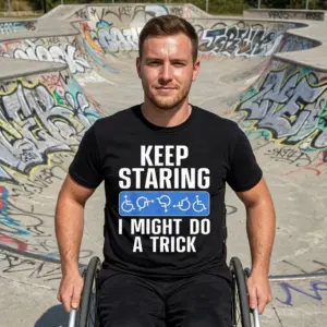 Keep Staring Wheelchair Graphic T-Shirt 11 Person wearing a graphic T-shirt with a playful wheelchair design.