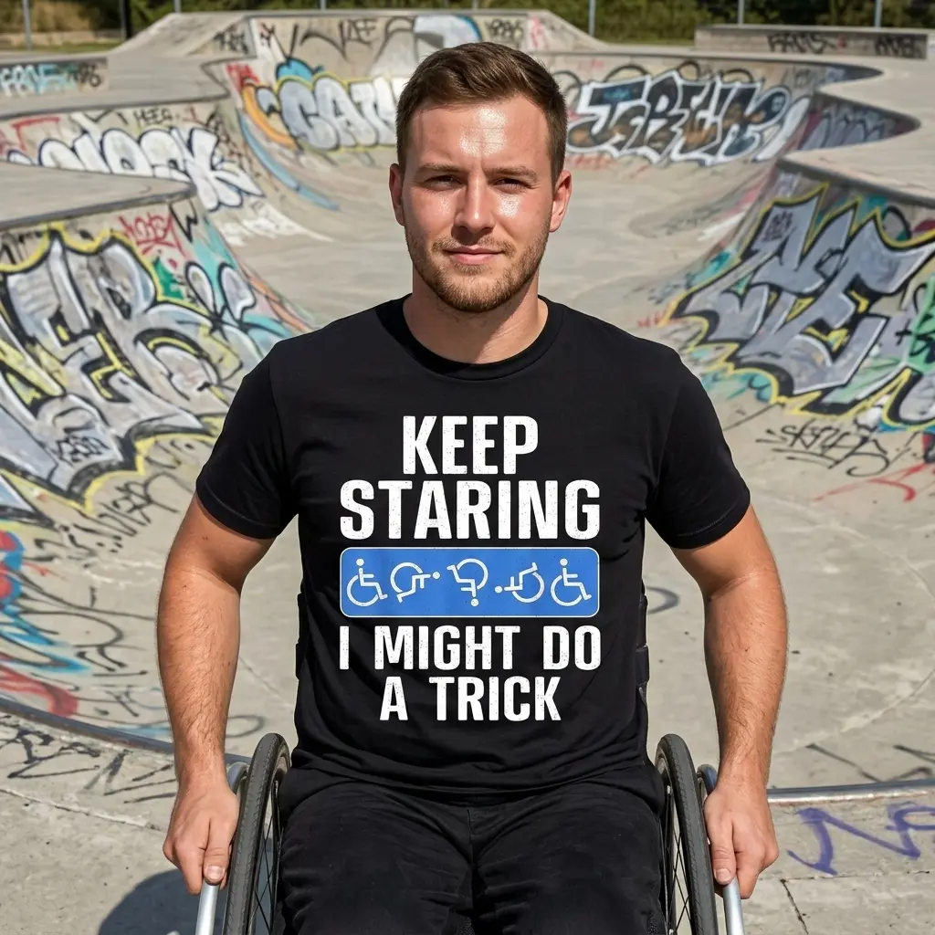 Person wearing a graphic T-shirt with a playful wheelchair design.