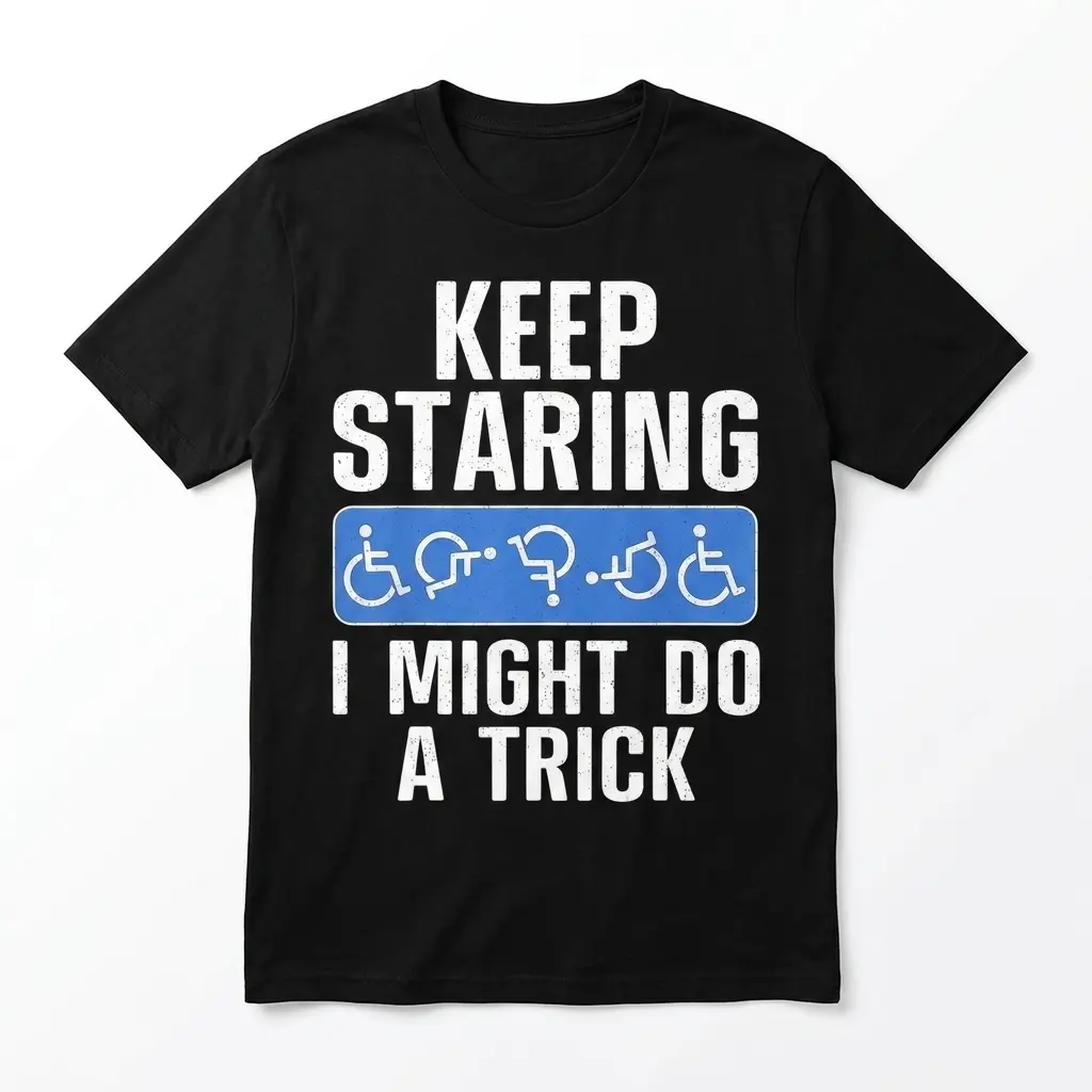 Black T-shirt with 'Keep Staring I Might Do a Trick' wheelchair graphic.