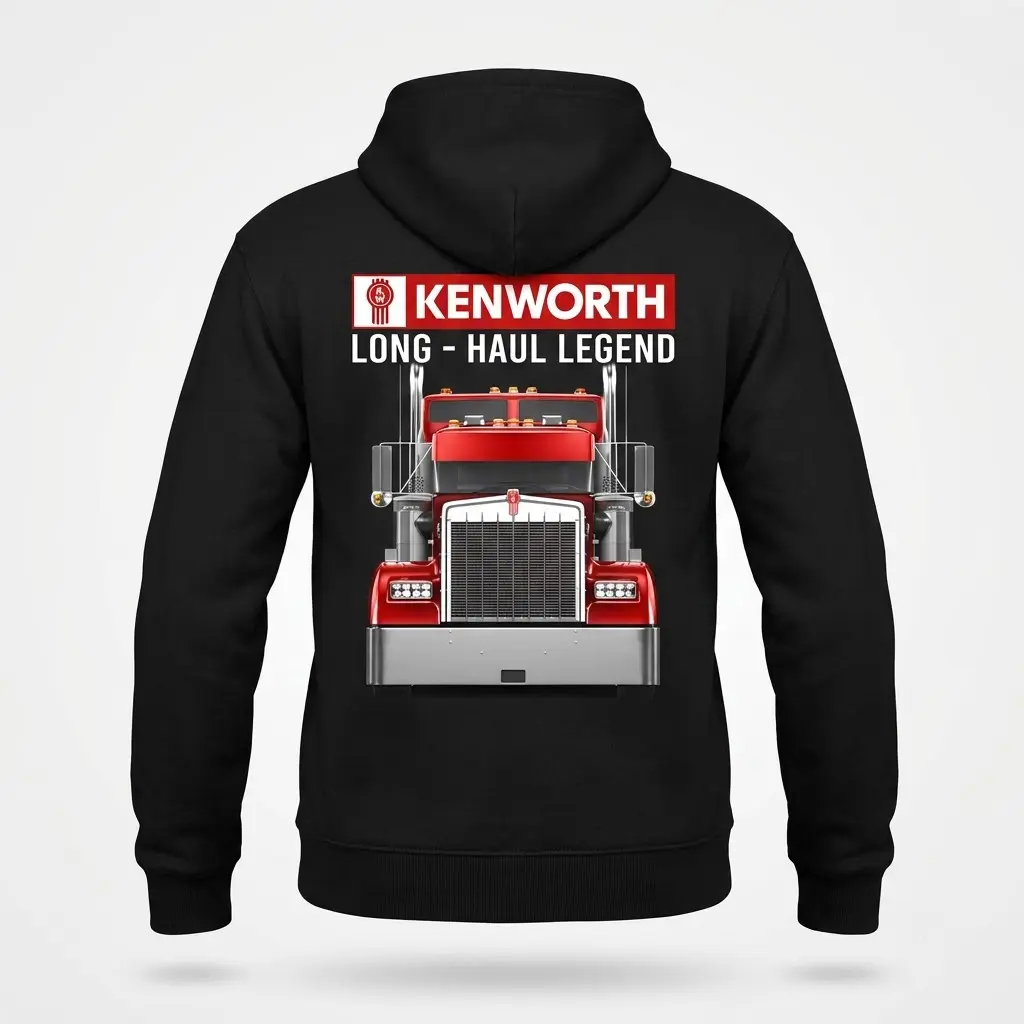 Kenworth Long Haul Legend T-Shirt 2 Back view of hoodie featuring a graphic Kenworth truck design.