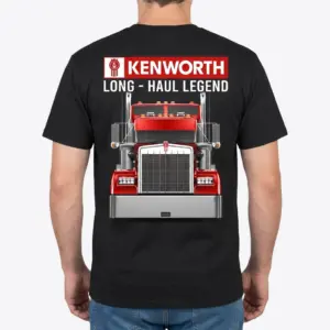 Kenworth Long Haul Legend T-Shirt 9 Man wearing T-shirt showing Kenworth truck design on back.