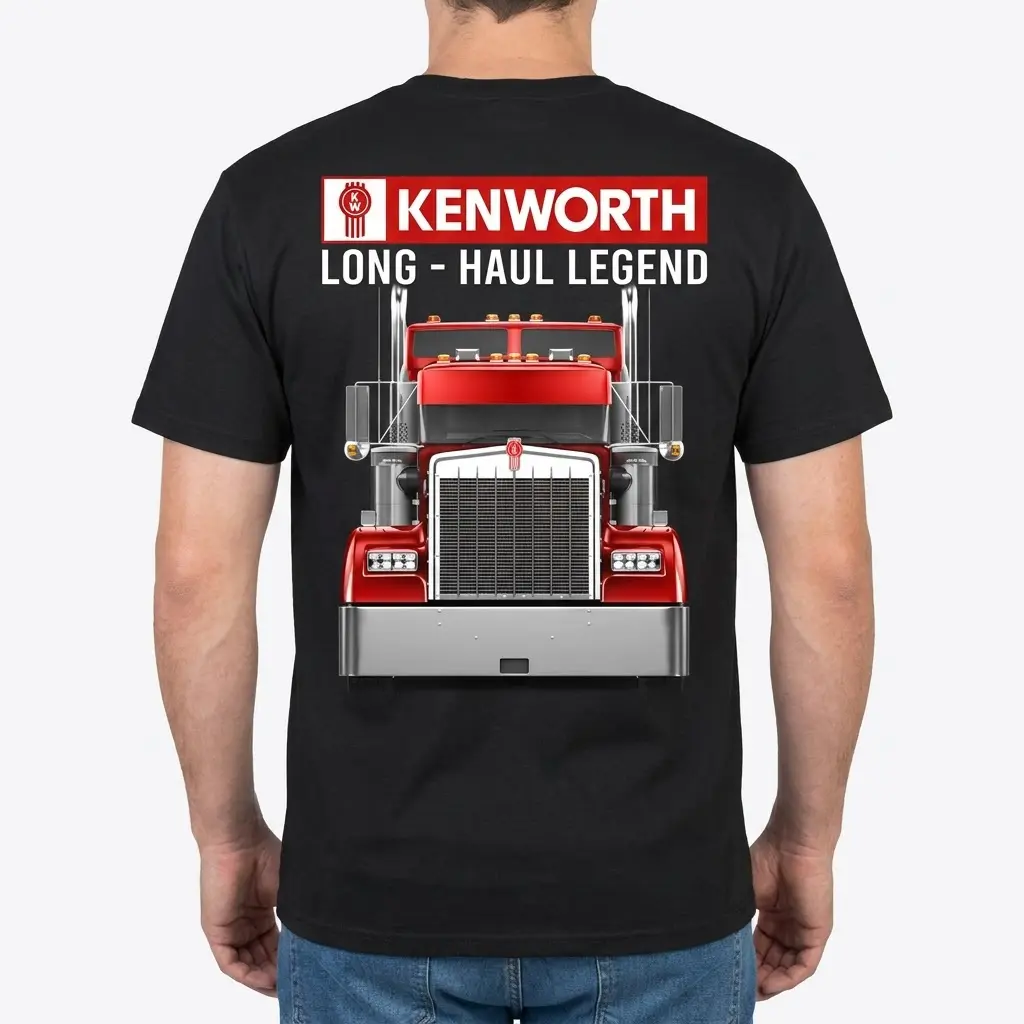 Kenworth Long Haul Legend T-Shirt 4 Man wearing T-shirt showing Kenworth truck design on back.