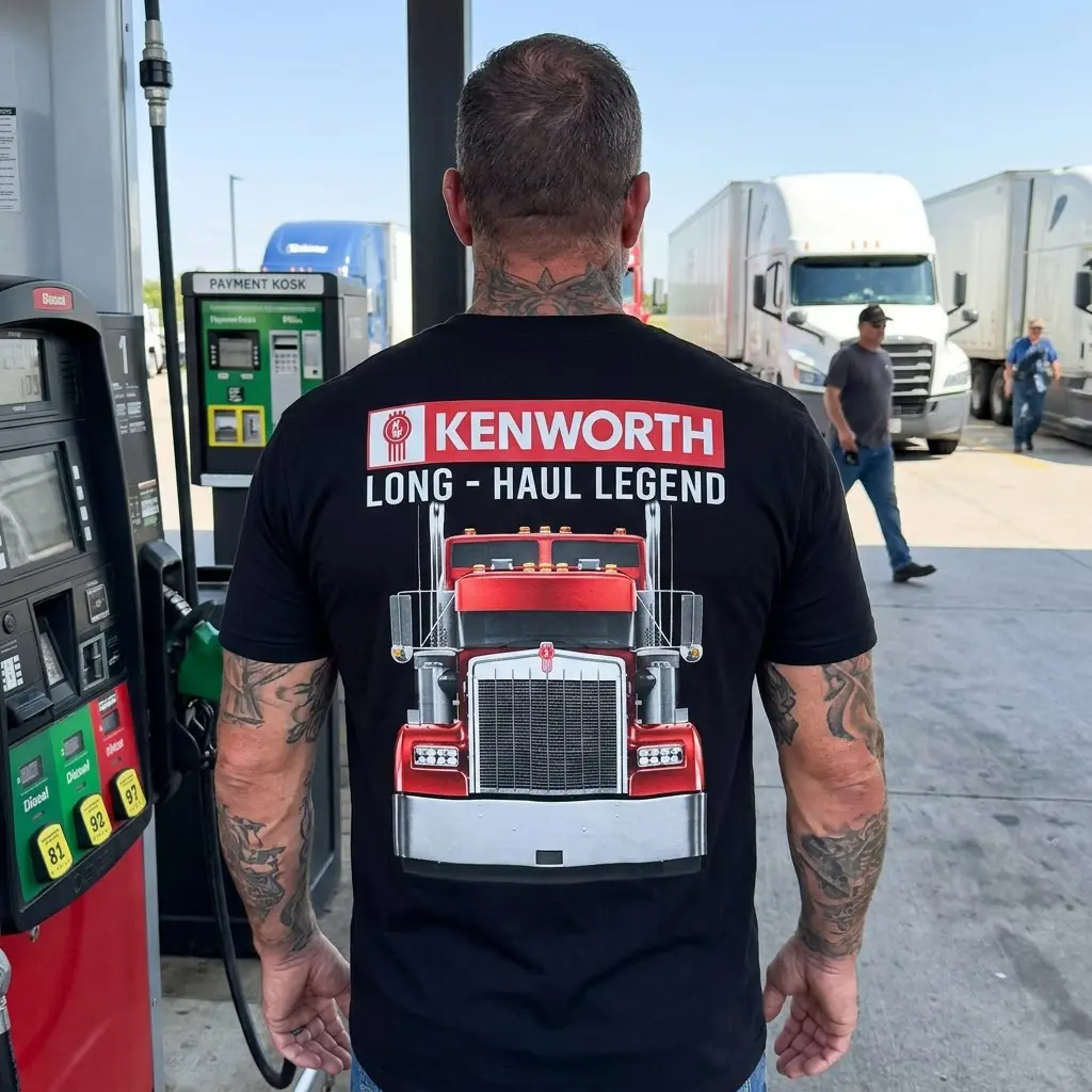 Kenworth Long Haul Legend T-Shirt 5 Person in a T-shirt with Kenworth truck design, outdoors setting.